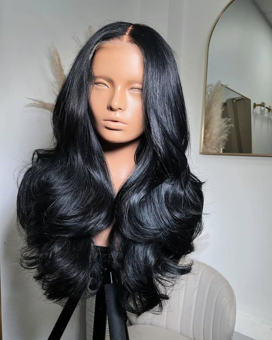 Natural Black Curtain Bangs Human blend Lace Front Wig